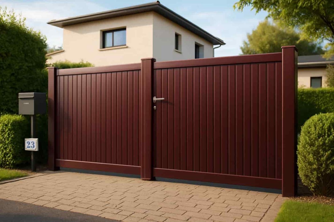Gros plan sur l'installation du portail aluminium marron devant une maison.