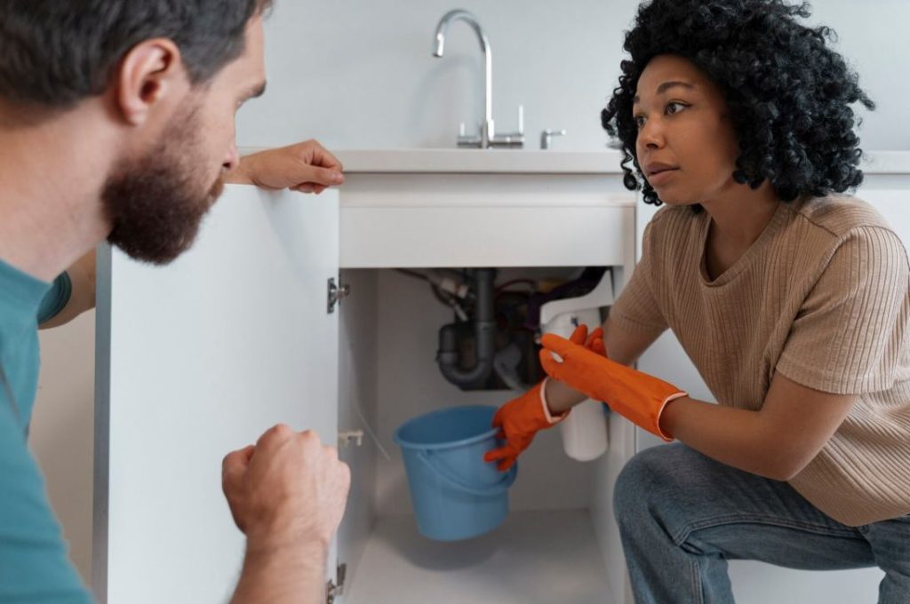 Un couple inspecte le meuble sous l'évier pour identifier l'origine des pannes de plomberie frequentes appartement.