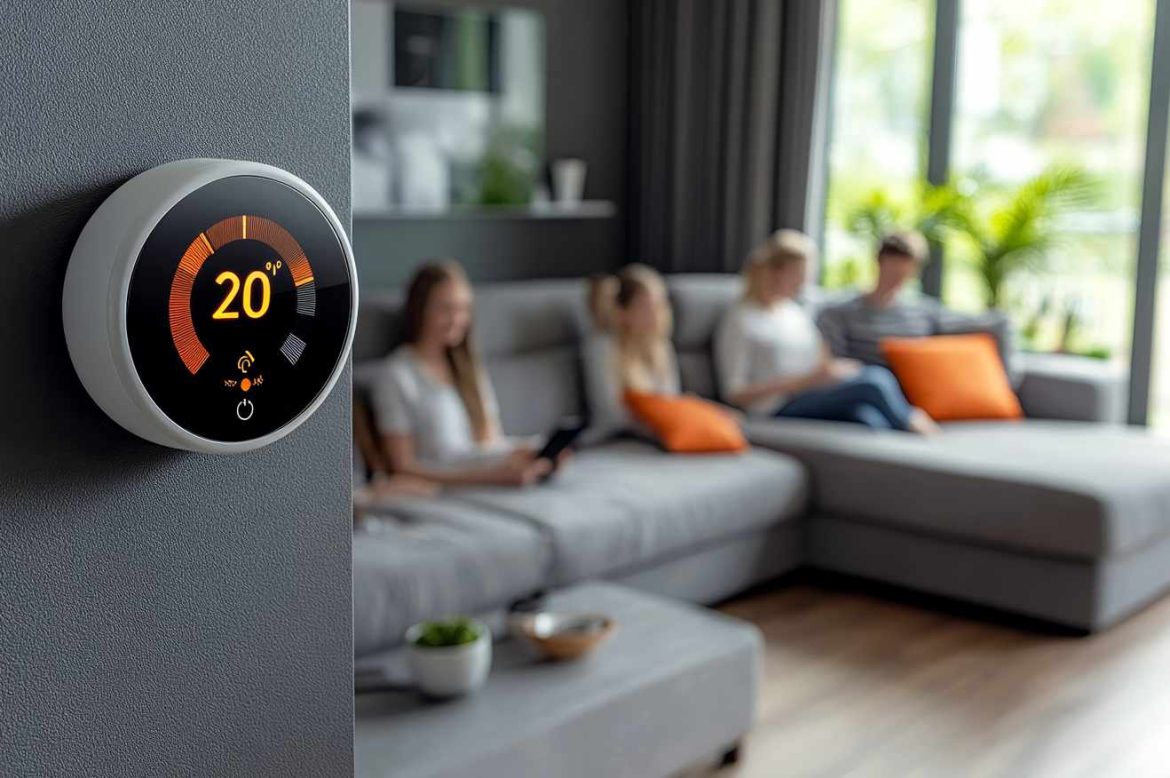 Un thermostat connecté fixé sur un mur affichant une température de 20°C, illustrant le réglage idéal thermostat chauffage hiver dans un salon lumineux